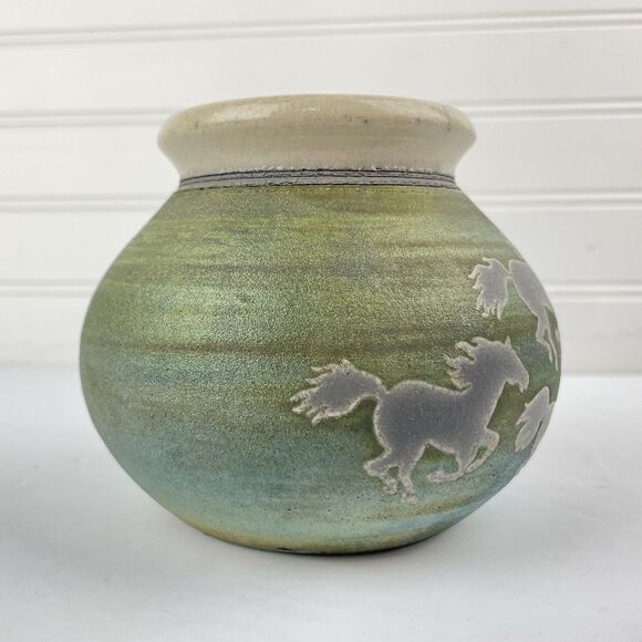 Raku Studio Pottery Vase Pot Southwest Dream Running Horses Signed Jeremy Diller - Picture 4 of 7